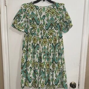 JODIFL Vibrant Green and Blue Patterned Midi Dress